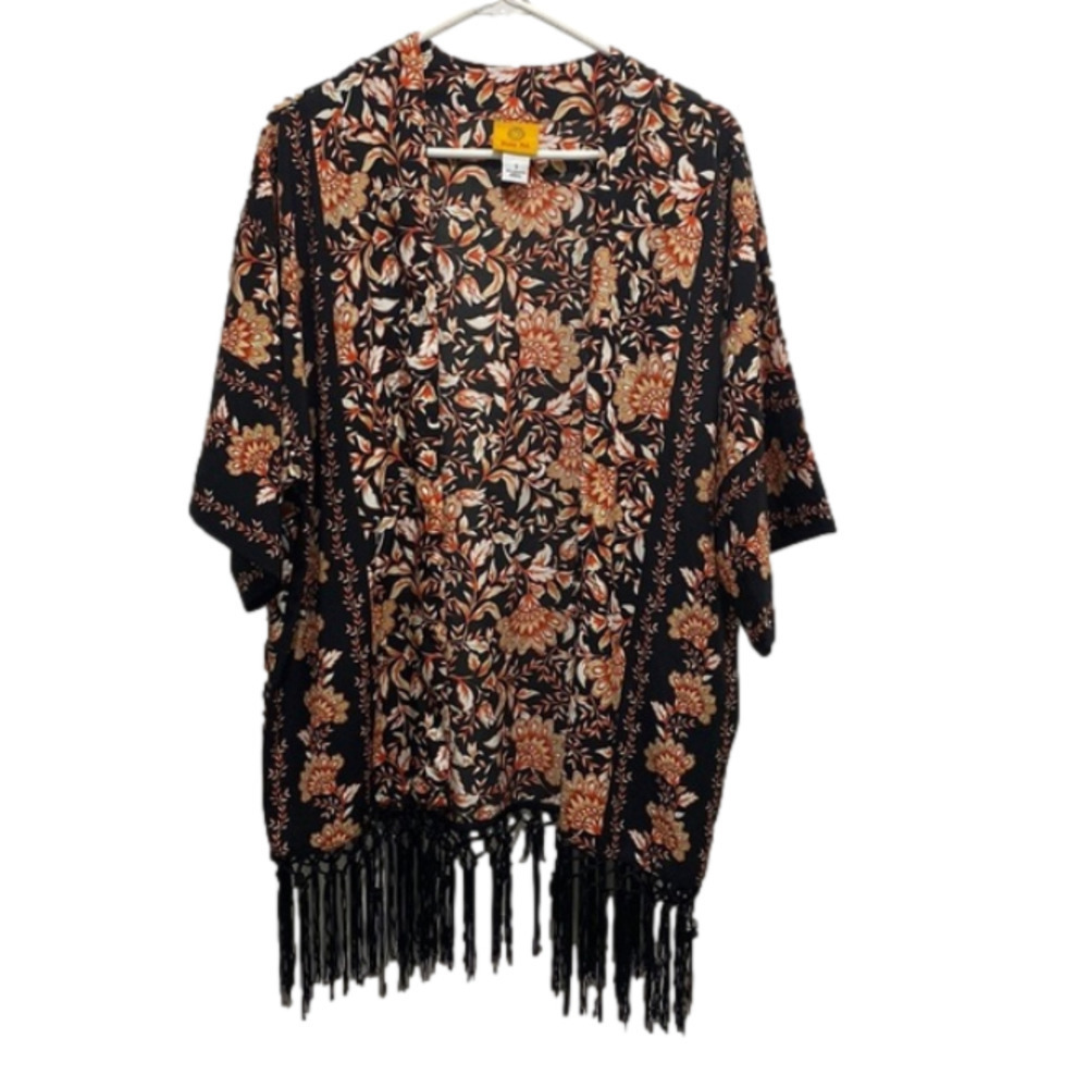 RUBY Rd Floral Print Fringe Kimono Cardigan Small Open Front Swim π - Picture 1 of 6